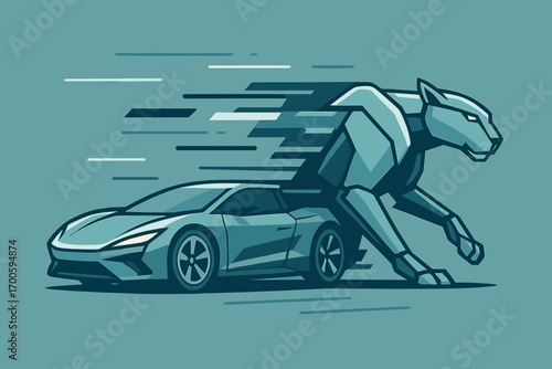 Stylized illustration of a sleek car racing alongside a powerful panther in motion on a teal background