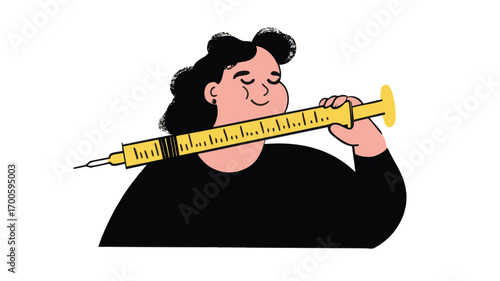 Playful vector illustration of woman with oversized syringe symbolizing weight loss treatment concept