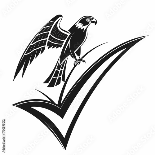 Stylized black eagle perched on a large check mark symbol