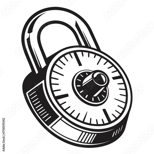 Black and white illustration of a combination padlock on a white background