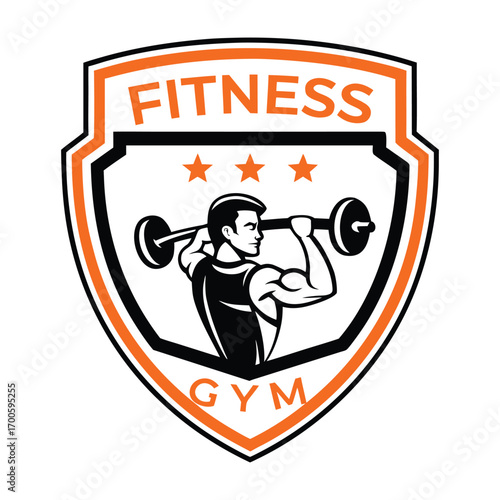 Fitness gym emblem featuring a muscular man lifting a barbell symbolizing strength and healthy lifestyle for sports and fitness clubs