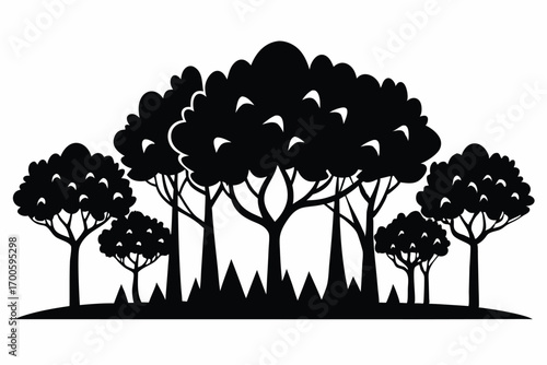 Black Silhouette Illustration of a Forest with Trees and Foliage Isolated Graphic Style