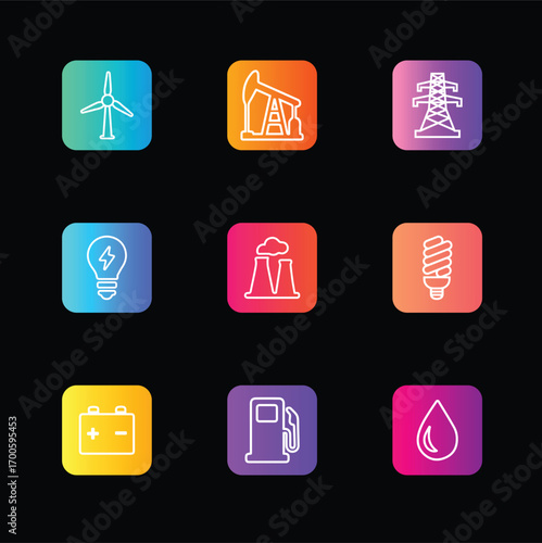 Energy Icons Set – Electricity, Renewable, Solar, Wind, Battery, Power