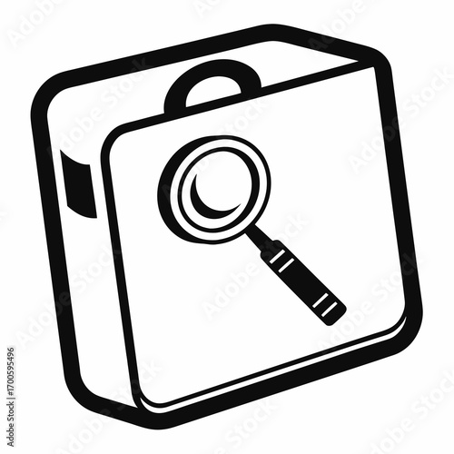 Magnifying glass over a suitcase icon symbolizing travel research or investigation