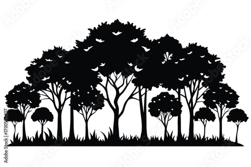 Silhouette Illustration Forest Edge with Trees, Bushes, and Grass in Black Color