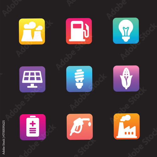 Energy Icons Set – Electricity, Renewable, Solar, Wind, Battery, Power