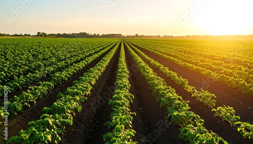 Wide field of young potato plants
