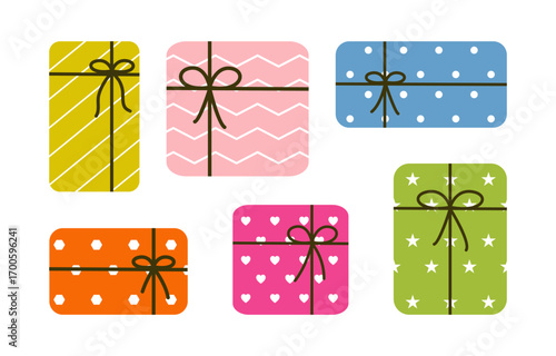 Set of cute colorful gift boxes isolated on white background.Gift collection for birthday, new year, Christmas, valentine or any occasions.Present vector illustration.