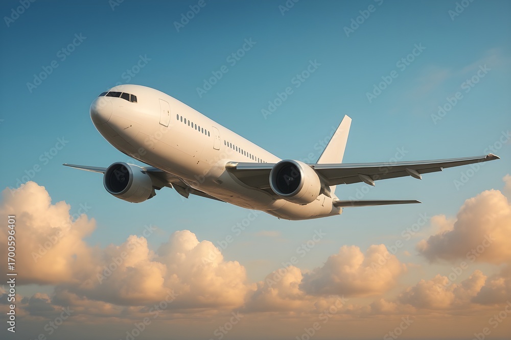Fototapeta premium A pristine white passenger jet soars through a serene blue and golden sky, cruising above a layer of fluffy clouds.
