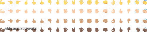 Diverse hand gesture emoji set in multiple skin tones with expressive signs and symbols. Inclusive vector icons perfect for digital communication, design, and creative projects. Universal gesture pack