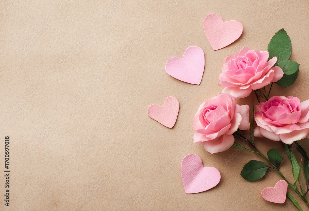 Fototapeta premium Pastel pink hearts and roses on beige background