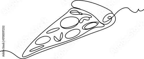 Single line drawing of a pizza slice with toppings food line art