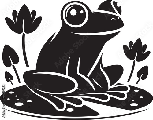 Charming silhouette frog sits serenely amidst lily pads and flowers a nature scene
