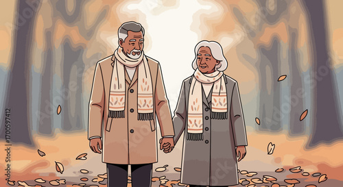Romantic Senior Couple Walking in Autumn Park Holding Hands Love Retirement Fall Season