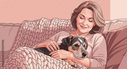 Woman relaxing on couch with her dog cozy home scene vector illustration