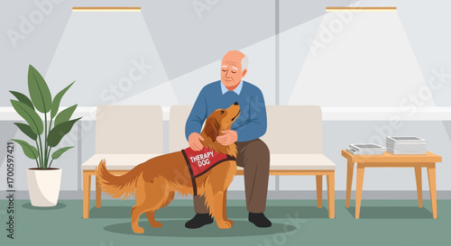 Senior Man with Guide Dog in Waiting Room Vector Illustration
