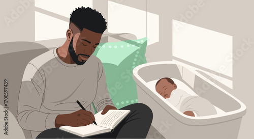 African American Father Writing in Journal While Baby Sleeps in Bassinet