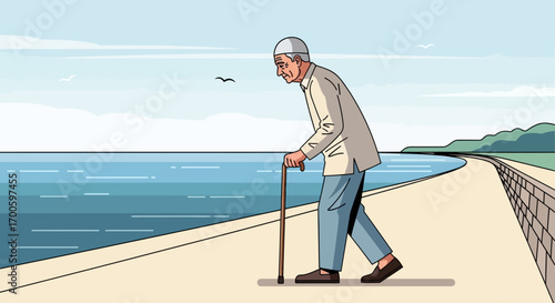 Elderly Man Walking by the Sea with Cane Vector Illustration