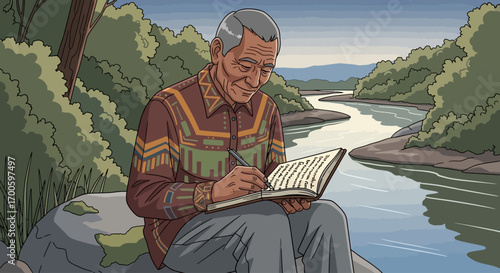 Elderly Man Writing in Journal by River Nature Reflection Peace Tranquility