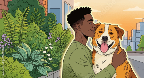 Man Embracing Dog in Urban Garden Setting Friendship Nature and City Life