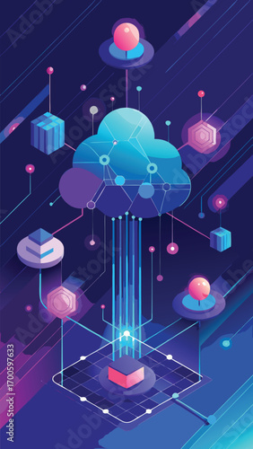 Abstract digital cloud computing concept depicting data transfer and global information technology solutions