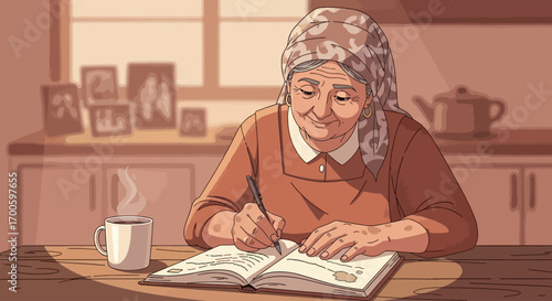 Elderly Woman Writing in Journal Reminiscing Memory Family History Nostalgia