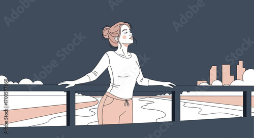 Woman enjoying city view from bridge at night relaxing and peaceful illustration