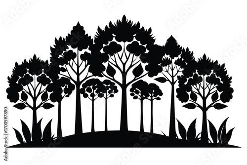 Silhouette of a Dense Forest with Trees and Tall Grass Landscape Illustration