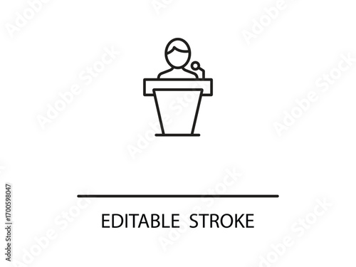 Dynamic speaker delivering presentation with confidence using a microphone on stage for a modern conference with editable strokes.