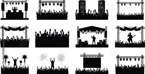Concert crowd silhouettes, music event stage, live performance, DJ playing, music festival, cheering audience, outdoor concert, party celebration, festival vibes, live music show
