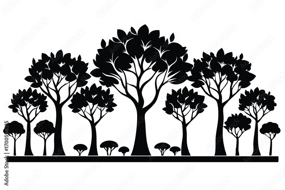 Fototapeta premium Black Silhouette of a Forest with Deciduous Trees and Bushes Graphic Illustration