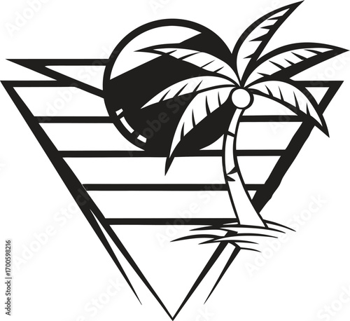 White silhouette of palm tree on tropical island in triangle black