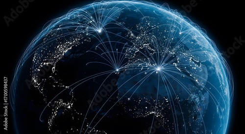 A mesmerizing representation of the interconnected world, where lines of light trace the routes of global communication. The image highlights how digital connections weave a network around the planet.
