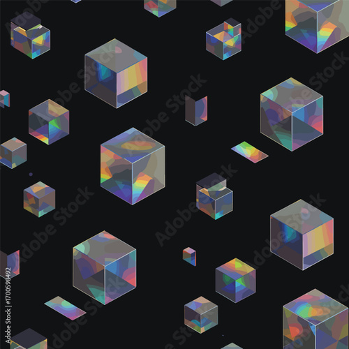 Abstract background with transparent isometric cubes and colorful gradients, patern seamless, royalty stock.