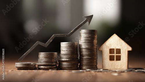 Stacked coins with an upward trend graph and a small house model, symbolizing real estate investment growth
