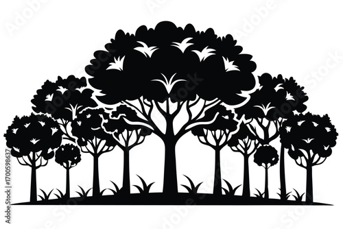 Silhouette Illustration Featuring a Forest Scene with Various Trees and Ground Cover Design