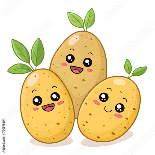 Three cute cartoon potatoes with happy faces and green sprouts