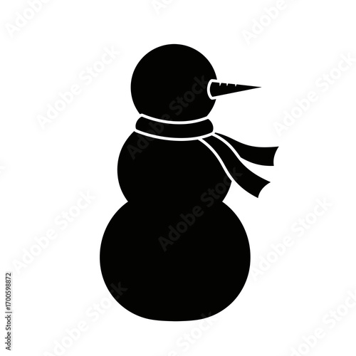 Black snowman silhouette with scarf and carrot nose isolated on white background