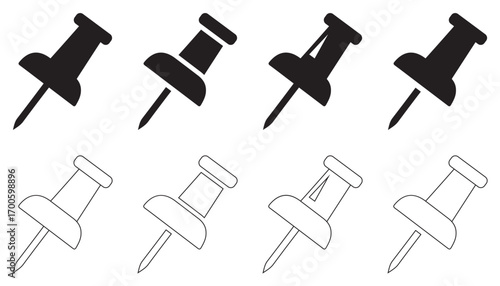 Push Pin Icon Set in Flat, Outline and Silhouette Style for Bulletin Boards and Reminders