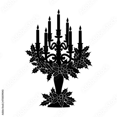 Ornate candelabra with holly and berries silhouette isolated on white background
