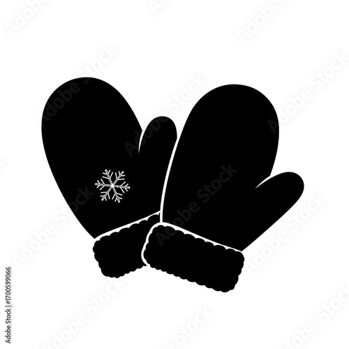 Black silhouette of winter mittens with snowflake isolated on white background
