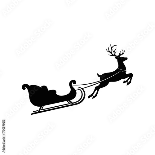 Black silhouette of a reindeer pulling santa s sleigh isolated on white background
