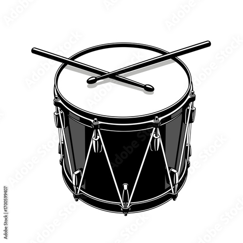 Black snare drum with crossed drumsticks silhouette isolated on white background