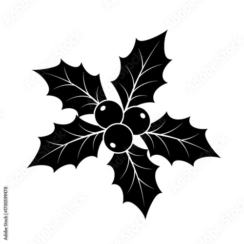 Black silhouette of holly leaves and berries isolated on white background