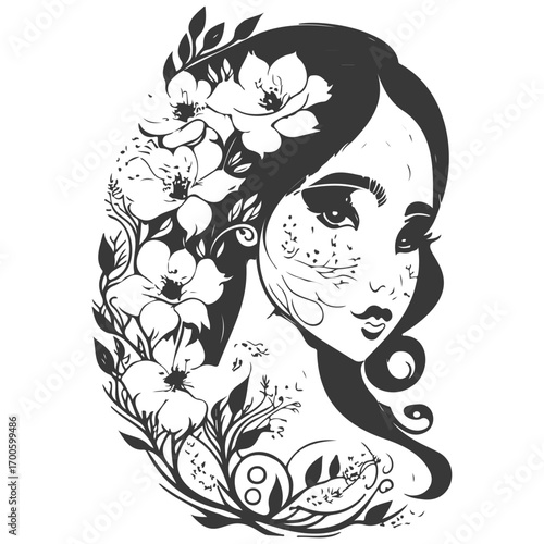 mythical beautiful xana with floral illustration grey