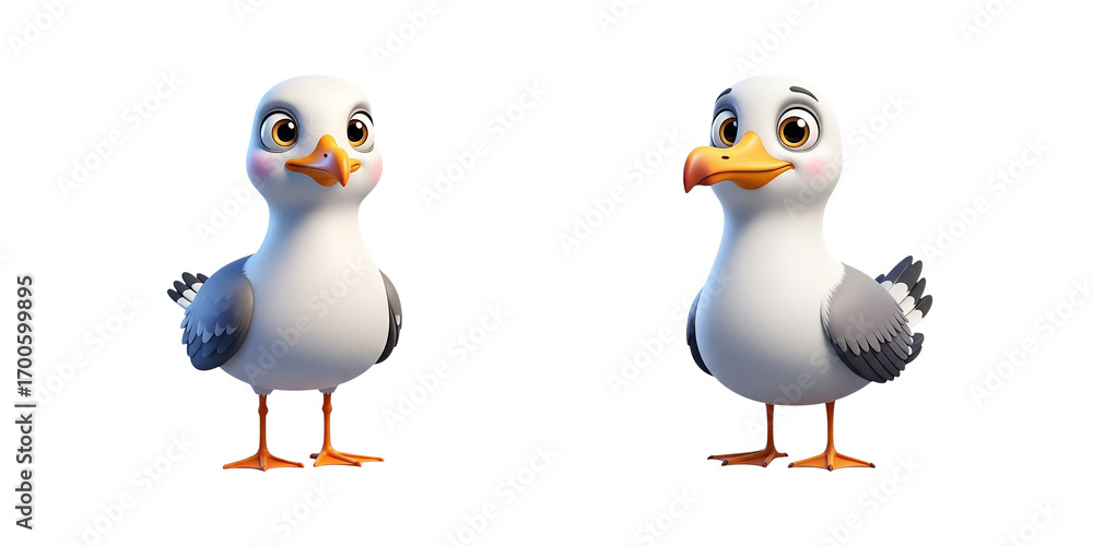 Fototapeta premium Cartoon seagull characters with white bodies, gray wings, expressive eyes, cheerful faces, playful beaks, whimsical childlike artwork, and charming bird cartoon illustration