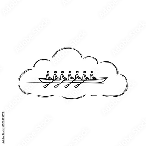 Teamwork rowing boat cloud collaboration partnership success competition sketch vector illustration design