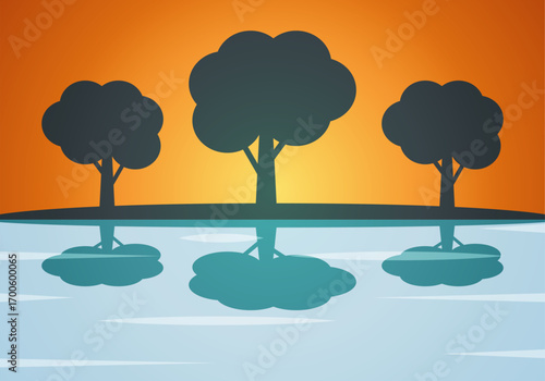 Árbol con lago al atardecer