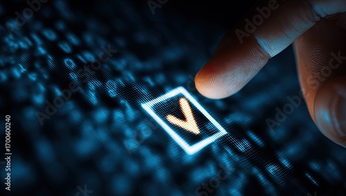 Fingertip touches a glowing checkmark on a digital screen displaying binary code