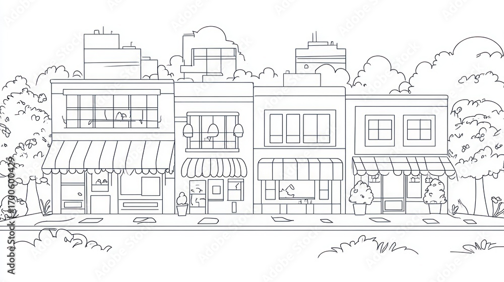 Fototapeta premium Cityscape row of shops line drawing